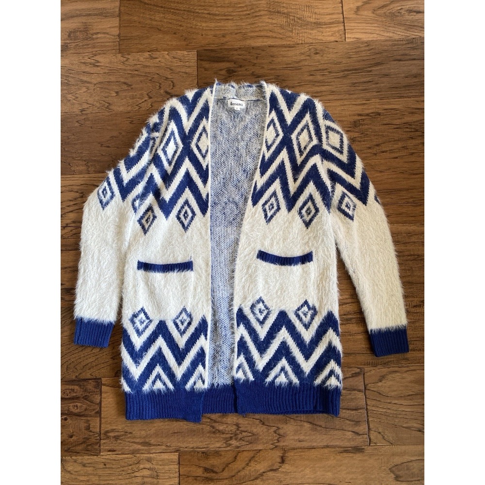 &merci‎ Womens S Blue Cream Fuzzy Chevron Cardigan Open Front